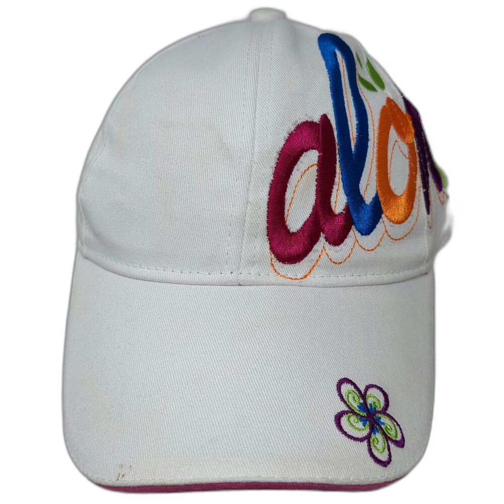 Island Caps Baseball Cap White Pink One Size Aloha Embroidery Flower Cotton Hat
